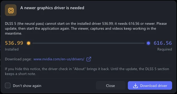 The notice A newer graphics driver is needed: the installed driver 536.99 on the left of a bar, the required 616.56 on the right, and the buttons Close and Download driver