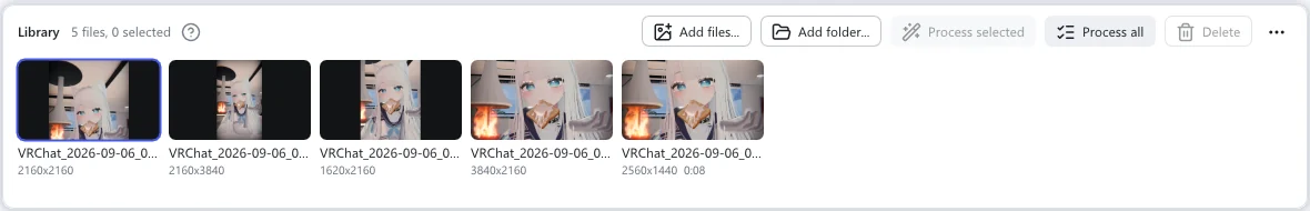The library under the picture with five files, each with its size; the buttons Add files, Add folder, Process selected, Process all and Delete are on the right