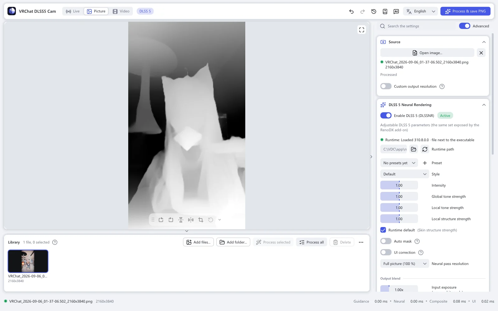 The same photo in the depth view: near parts are bright, far parts are dark
