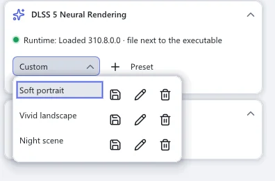 The Preset box opened: the three saved presets as a list, each with overwrite, rename and delete buttons, and the + button to save a new one