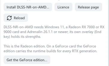 The DLSS 5 section of the Radeon edition: Install DLSS-NR-on-AMD, Licence, Release page and Reload, with the requirements under them