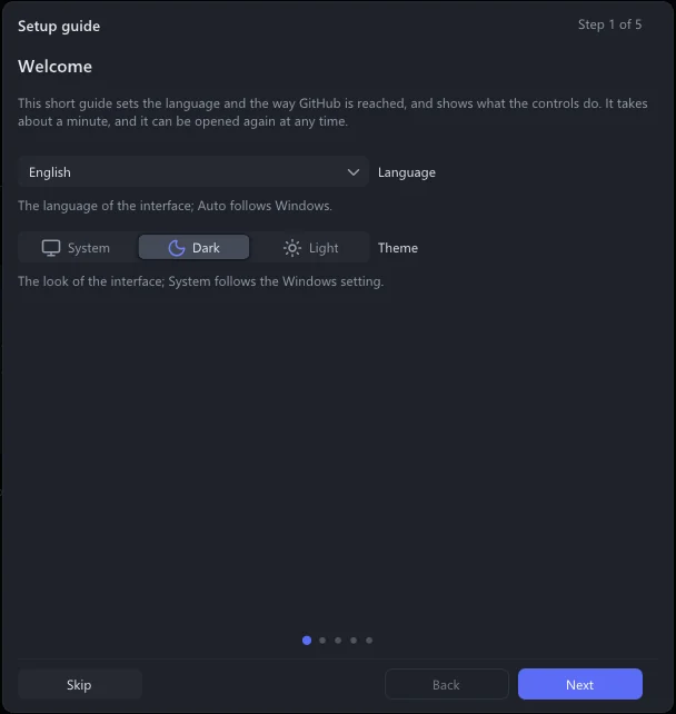 The first page of the setup guide, with the language list, the System, Dark and Light theme buttons, and Skip, Back and Next