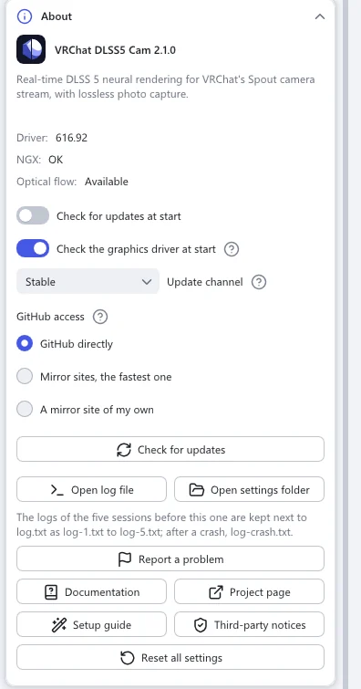 The About section: the version, driver checks, Update channel, GitHub access, and the buttons Check for updates, Open log file, Open settings folder, Report a problem, Documentation and Setup guide