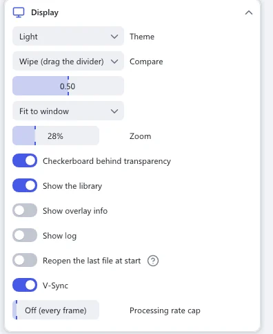 The Display section: Theme, Compare, Zoom, Checkerboard behind transparency, Show the library, Show overlay info, Show log, Reopen the last file at start, V-Sync and Processing rate cap