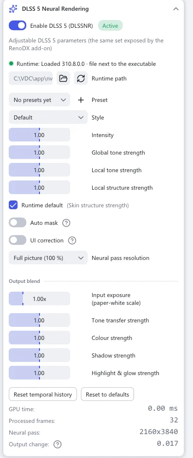 The DLSS 5 Neural Rendering section with Advanced on: Enable DLSS 5 (DLSSNR) with the Active badge, Runtime path, Preset, Style, the four strength sliders, Output blend and the readouts