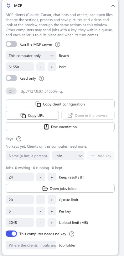The MCP section: Run the MCP server, Reach, Port, Read only, Copy client configuration, the keys and the job queue