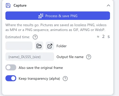 The Capture section: the Process & save PNG button, Folder, Output file name, Also save the original frame and Keep transparency (alpha)