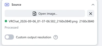 The Source section in picture mode: Open image, the open file with its size, and Custom output resolution