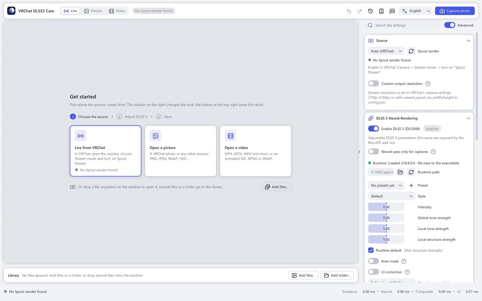 The Get started page shown while nothing is open: three steps, and a card each for the live camera, a picture and a video. The settings are on the right