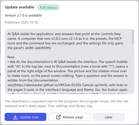 The Update available window: the version, the release notes in a scrolling box, and the buttons Update now, Release page and Later