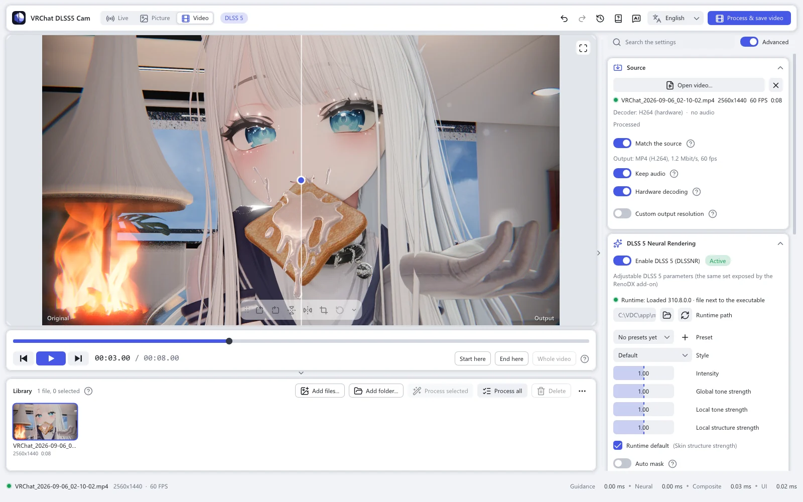 A video open in the window with the comparison line. Under the picture are the timeline, the play and step buttons, the time, and Start here, End here and Whole video